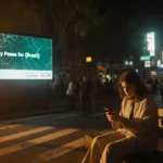 Concerned person checks phone with digital billboard showing Brazil policy error message and broken WhatsApp screen