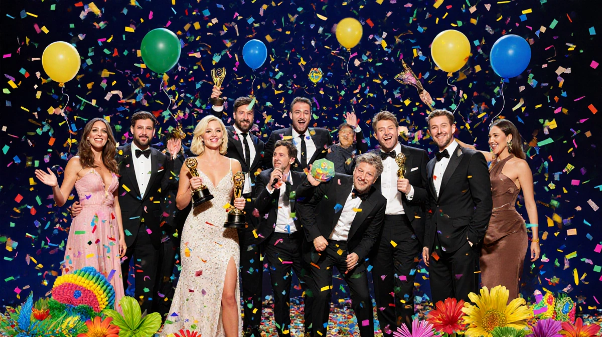 Amy Poehler and Seth Rogen celebrating on stage with confetti and Brazilian carnival patterns
