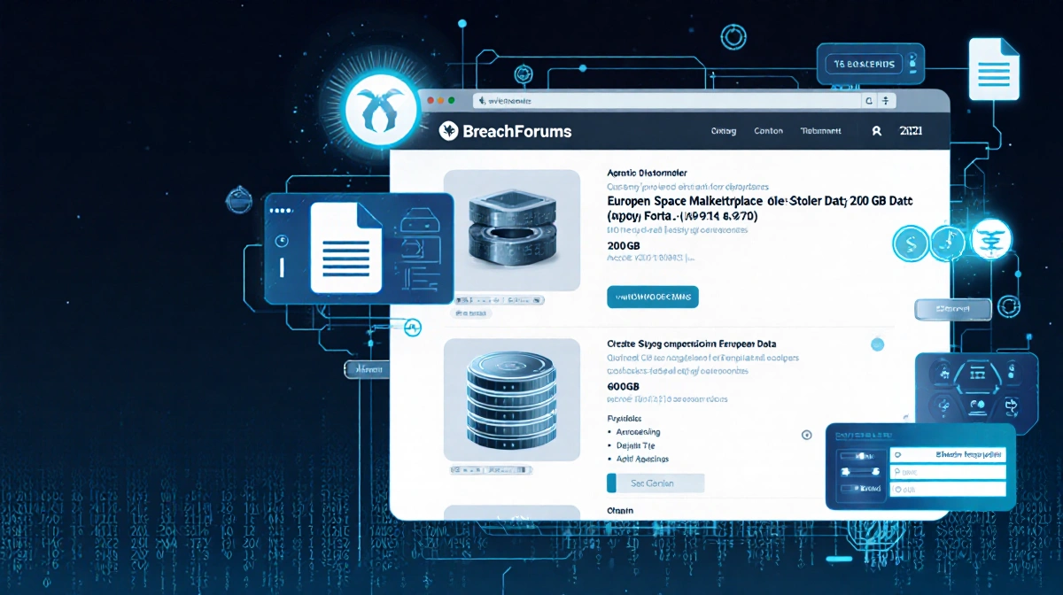 Marketplace listing shows 200GB of stolen ESA data with neon blue glow and encrypted code