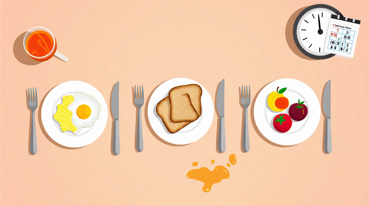 Three breakfast plates with eggs toast and fruit sit in perfect rows with a clock showing 7:30 and juice spilled nearby