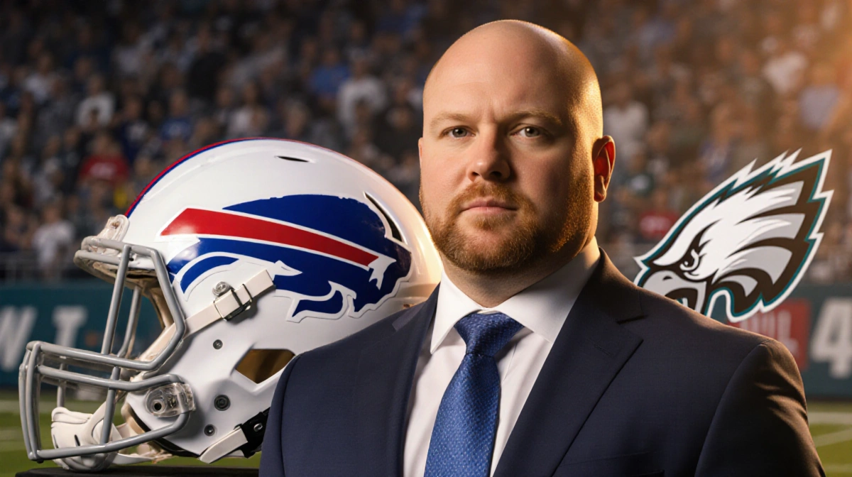 Brian Daboll stands confidently in suit with football helmet and Buffalo Bills colors showing in background