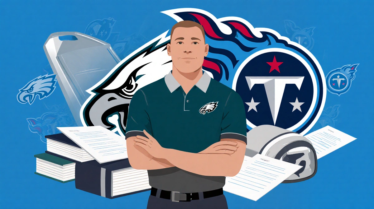 Brian Daboll stands before Eagles logo with coaching books scattered around him and team logos in background