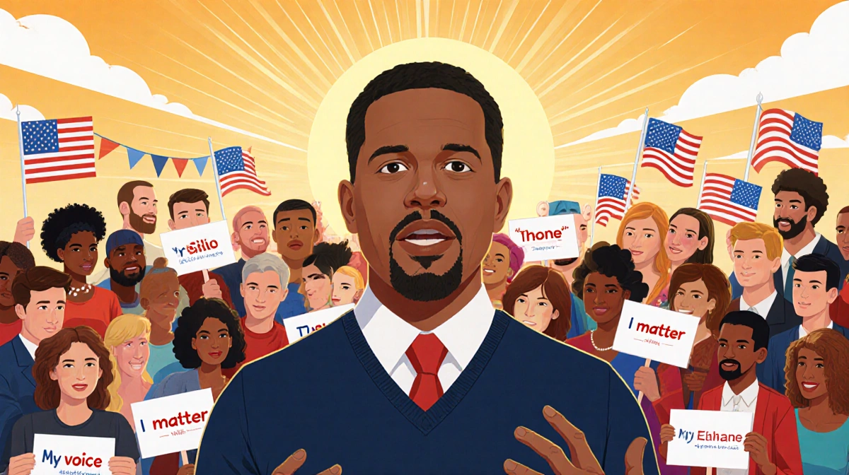 Brian Hooks speaking to viewer with a crowd holding name signs and simple phrases in a patriotic backdrop with warm colors