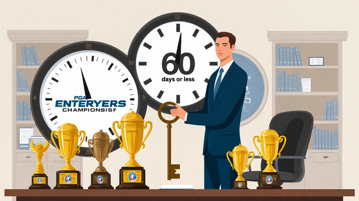 Brian Rolapp holding PGA Tour Enterprises key with championship trophies and countdown clock showing 60 days