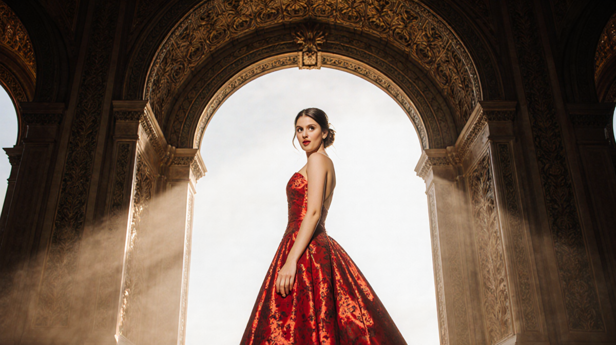 Bride standing under ornate wedding arch in bright red dress with golden sunlight casting glow on her surprised face