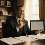 Chris Van Dusen holds Bridgerton seasons 5 and 6 script on tablet with golden light and cast photos behind