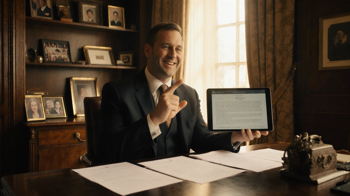 Chris Van Dusen holds Bridgerton seasons 5 and 6 script on tablet with golden light and cast photos behind