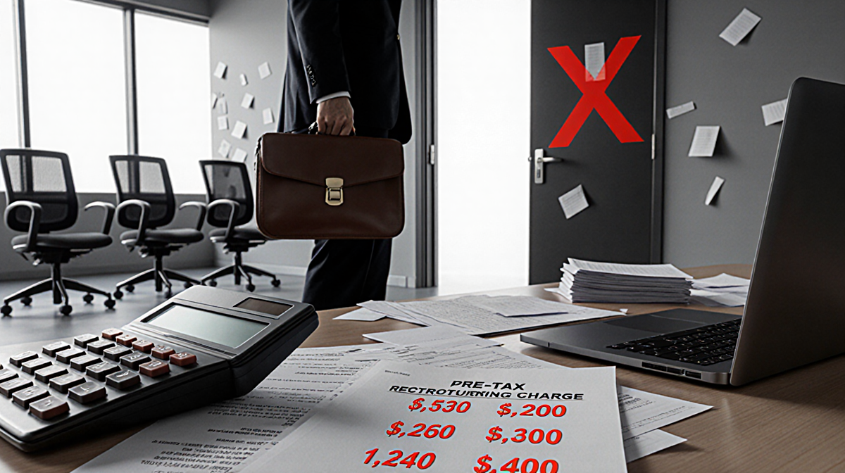 Person holding a briefcase with a red X office door and calculator on the desk.