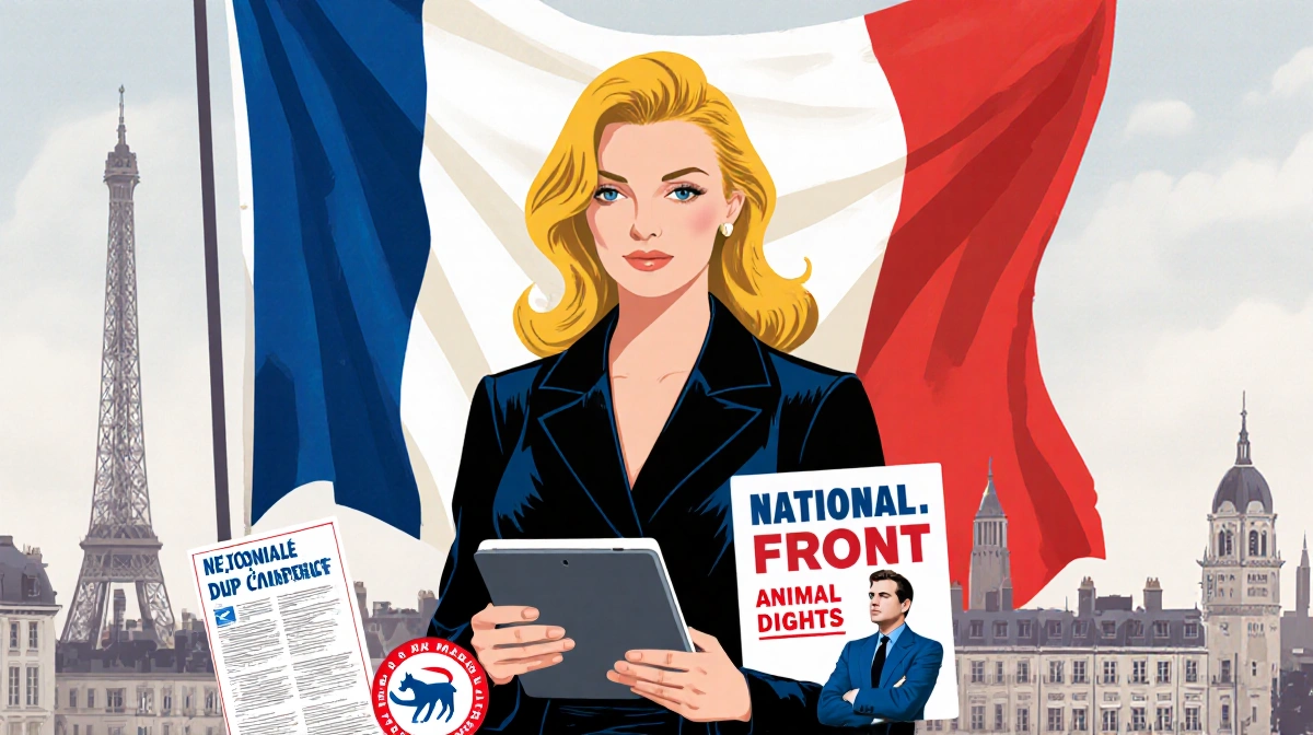Brigitte Bardot standing holding tablet with animal rights logo with French flag and Front pamphlet in foreground.
