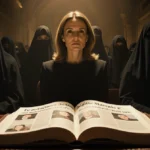 Brigitte Macron sits calmly in the courtroom with an open leather book showing headlines of her accusers nearby