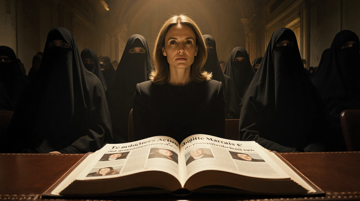 Brigitte Macron sits calmly in the courtroom with an open leather book showing headlines of her accusers nearby