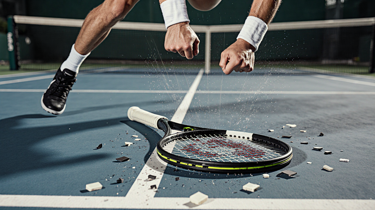 Shattered tennis racket with fragments scattered on ground and broken handle sweat droplets showing frustration on court