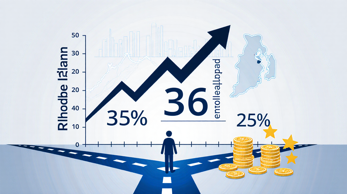 Person standing at a crossroads with pointing toward 38% in Rhode Island and coins scattered around healthcare plans savings