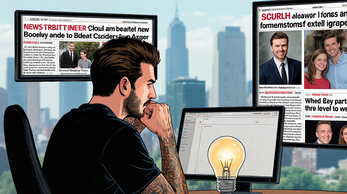 Brooklyn Beckham sits at computer with fists and fake headlines on screens and light bulb above.