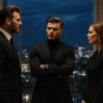 Brooklyn Beckham speaking with parents in dim living room while cityscape glows outside