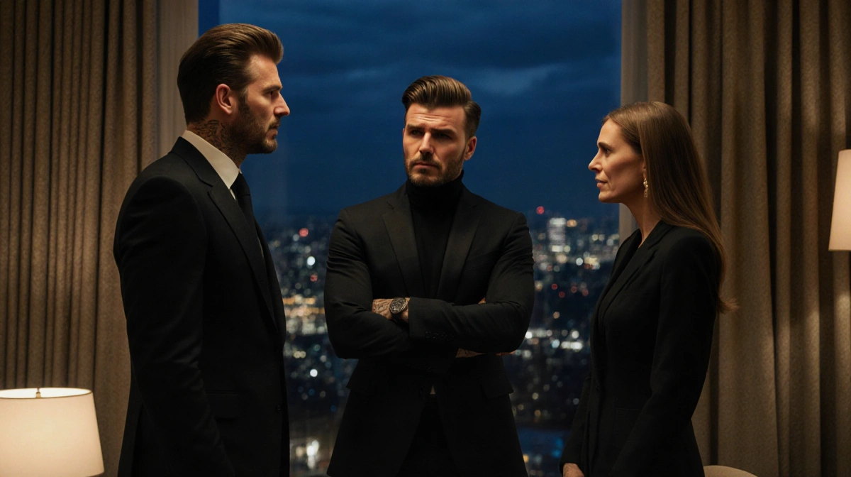 Brooklyn Beckham speaking with parents in dim living room while cityscape glows outside