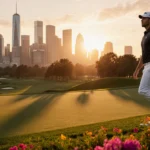 Brooks Koepka walking with golf bag on PGA Tour fairway with sunset glow and city skyline behind
