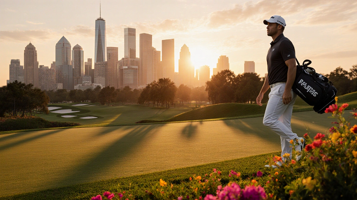 Brooks Koepka walking with golf bag on PGA Tour fairway with sunset glow and city skyline behind