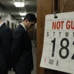 Two brothers stand back-to-back in courthouse hallway with trial calendar showing NOT GUILTY date