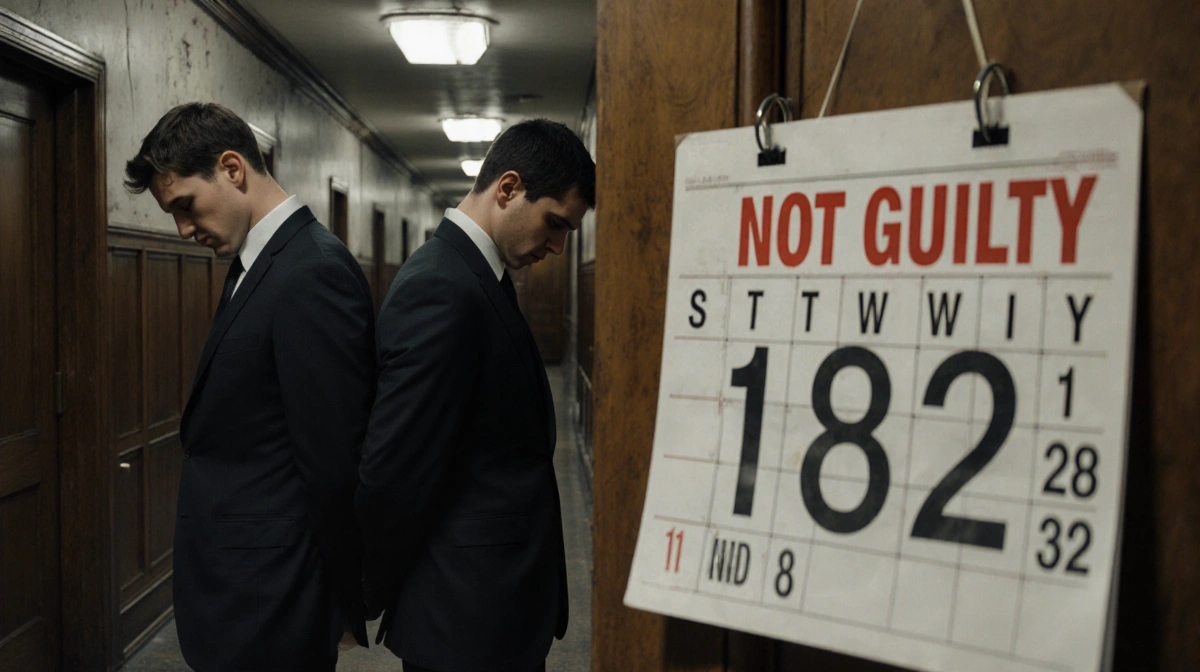 Two brothers stand back-to-back in courthouse hallway with trial calendar showing NOT GUILTY date