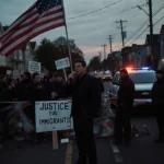 Bruce Springsteen stands with microphone at protest with American flag and police car behind Justice for Immigrants signs
