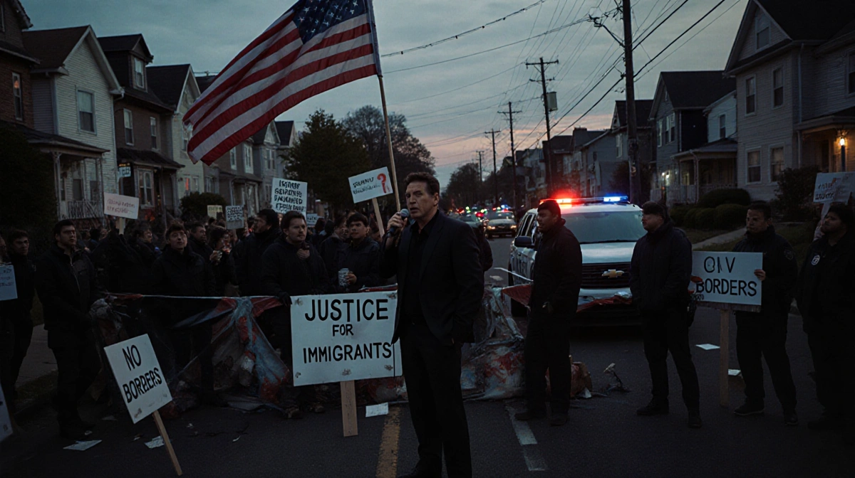 Bruce Springsteen stands with microphone at protest with American flag and police car behind Justice for Immigrants signs