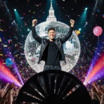 Bruno Mars performing on stage with Philadelphia City Hall reflected in mirror ball and confetti floating through air