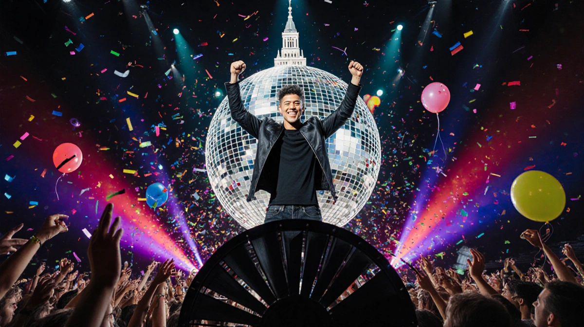 Bruno Mars performing on stage with Philadelphia City Hall reflected in mirror ball and confetti floating through air
