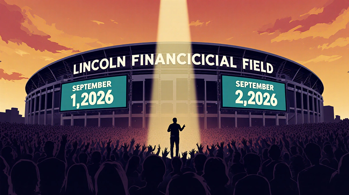 Bruno Mars performs on stage with Philadelphia concert dates September 1-2 2026 displayed on Lincoln Financial Field and suns