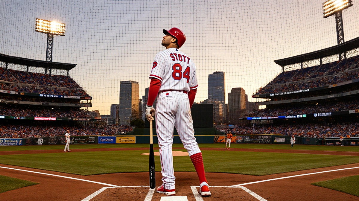 Bryson Stott at home plate with bat on leg looking up at mound under lights of Citizens Bank Park during sunset