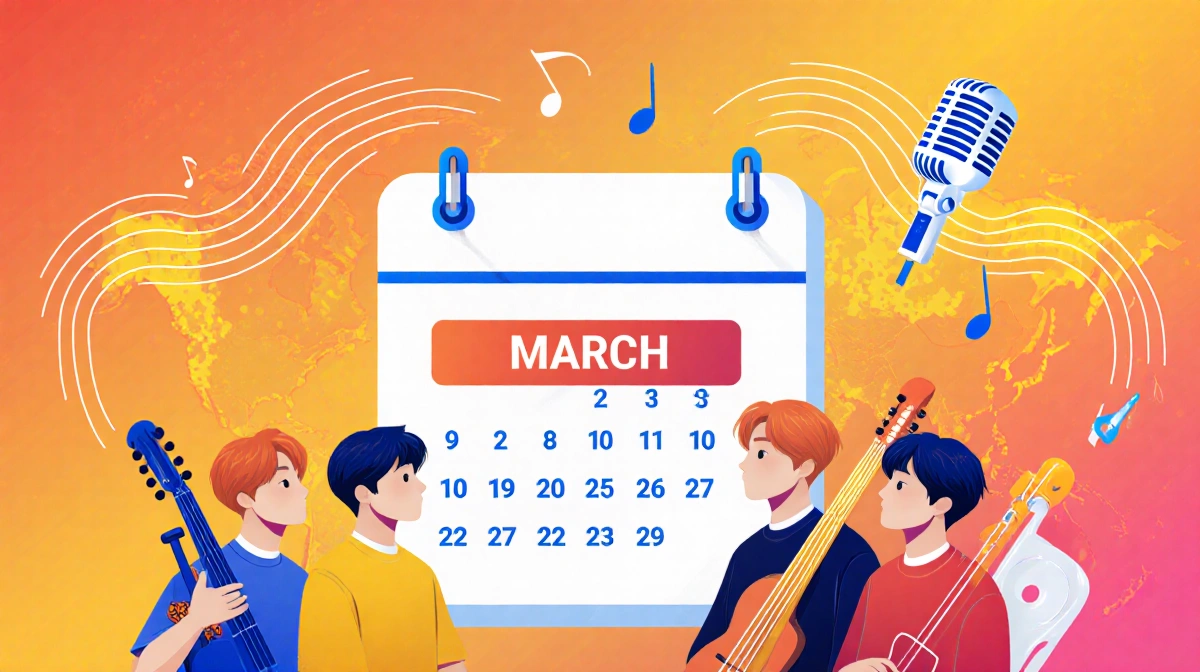 Calendar page highlights March with music notes and instruments surrounding warm background subtle microphone hint