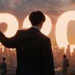 BTS member holds microphone arm outstretched beside sunset skyline featuring giant 20 LED and warm orange glow near military