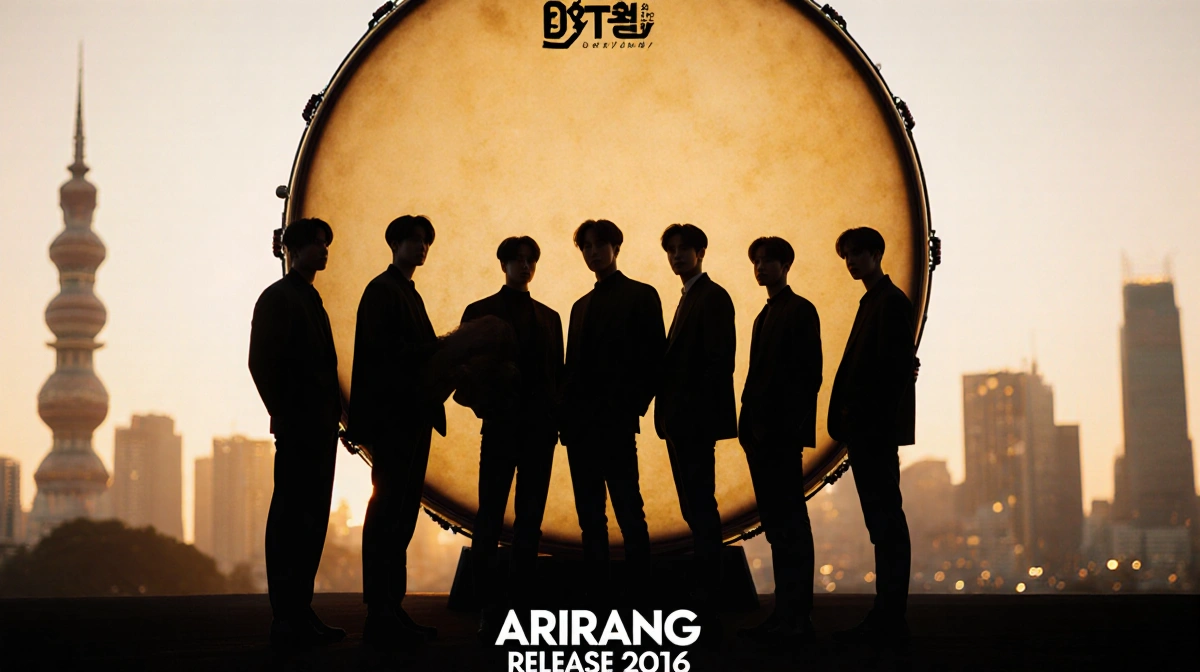 BTS members stand together before a giant Korean drum with Seoul skyline glowing behind them and album details below