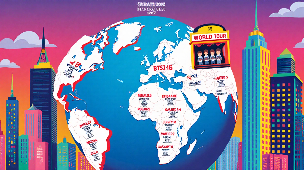 BTS world tour globe rises above city skyline with concert stage and colorful tour dates spanning 2026-2027
