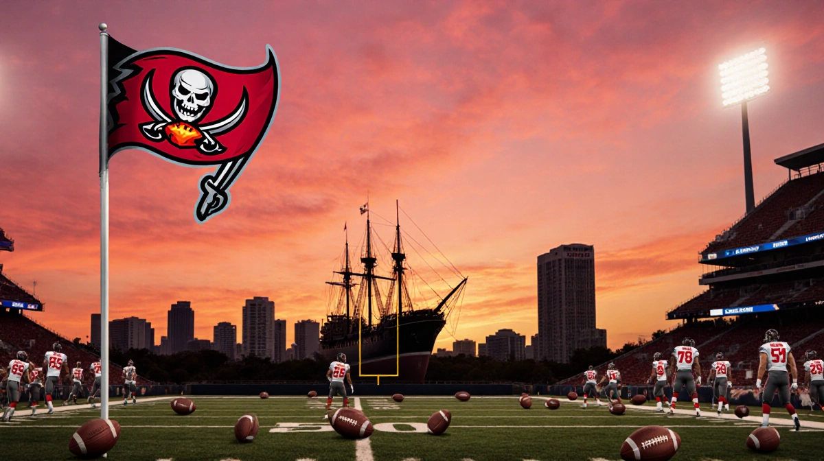 Buccaneers players celebrating with victory flag waving over stadium at sunset beside cityscape and pirate ship silhouette