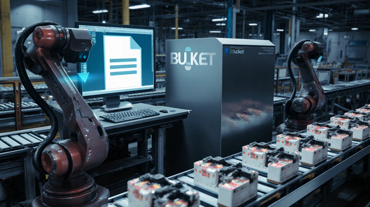 Futuristic production line uploads CAD file to workstation with robotic arms and products moving on conveyor belt with defect