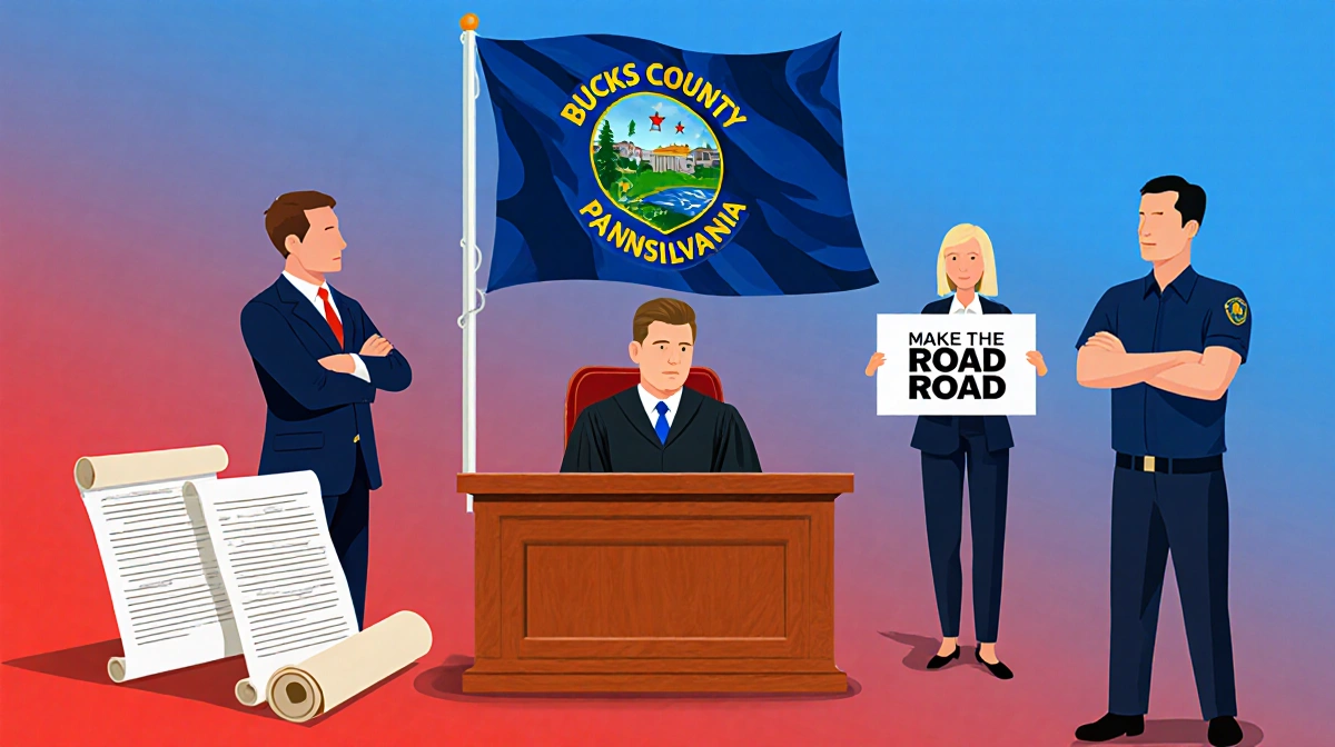Judge Trauger ruling from bench with court documents and Bucks County flag behind opposing groups