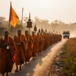 Buddhist monks walking along a golden path with wildflowers carrying saffron robes, candles and flags