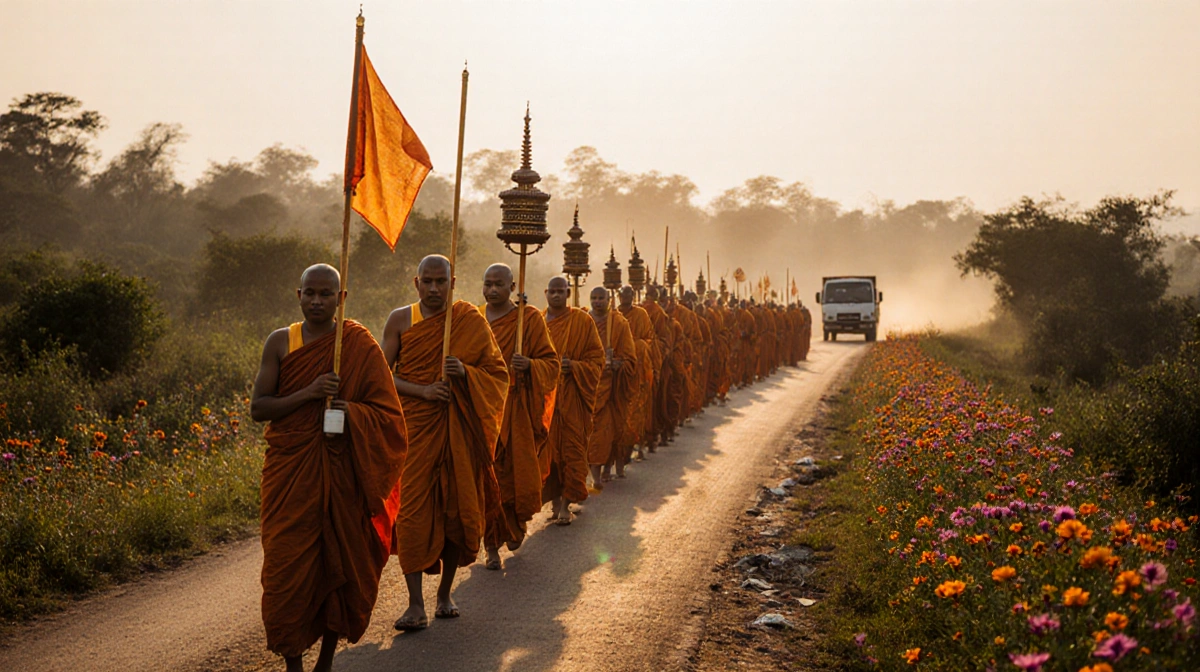 Buddhist monks walking along a golden path with wildflowers carrying saffron robes, candles and flags