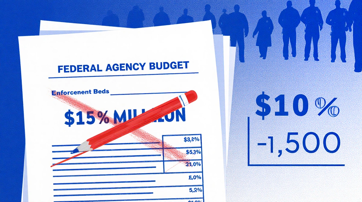 Red pen crosses out $115 million ICE funding on a page with $10 billion and a blue graph cutting 50 percent of detention beds