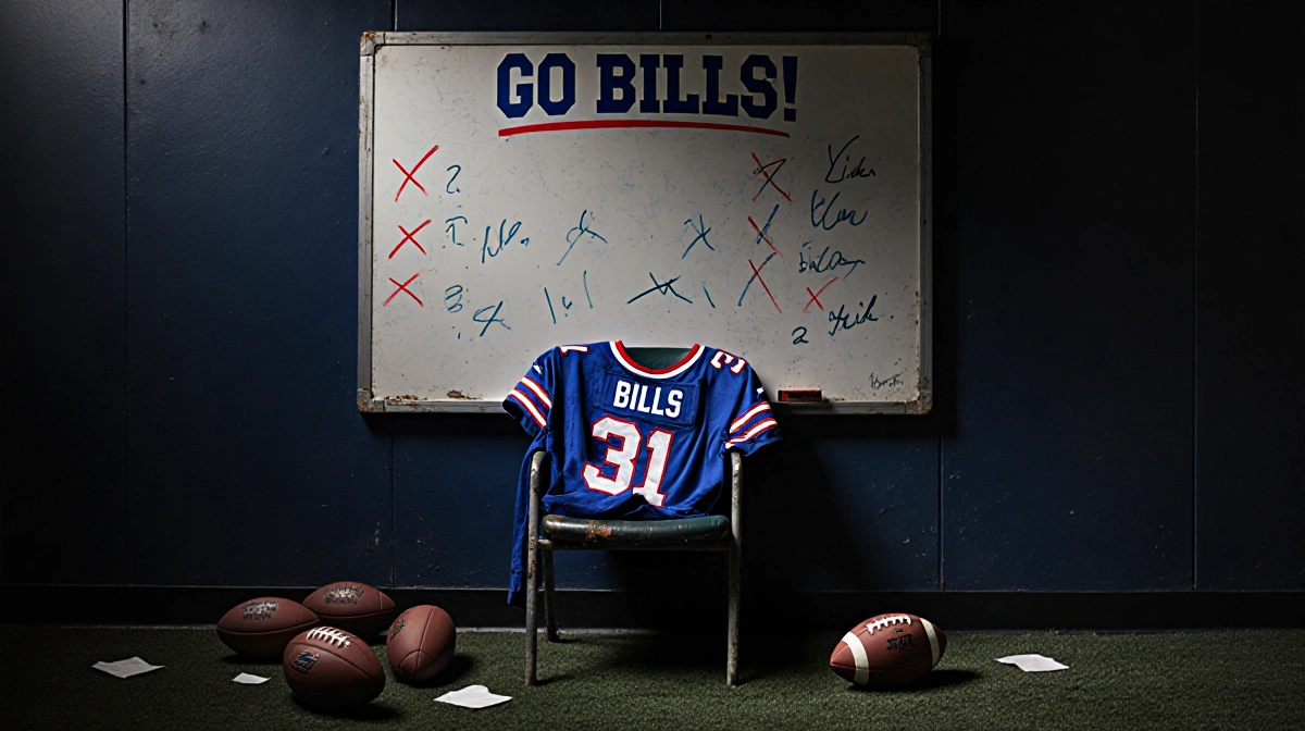 Worn stadium seat holds abandoned Bills jersey with faded Go Bills sign and blanked-out plays on whiteboard behind