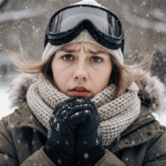 Bundled-up person standing with concerned expression hands clasped under scarf and goggles in urgent wind over snowy backyard