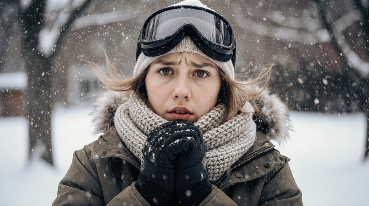 Bundled-up person standing with concerned expression hands clasped under scarf and goggles in urgent wind over snowy backyard