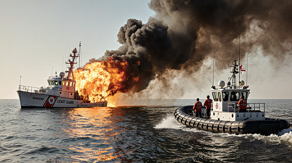 Burning boat engulfing flames and smoke with Coast Guard cutter approaching