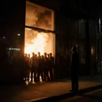 Terrified residents fleeing burning high-rise with smoke billowing behind them and flames lighting the dark city street