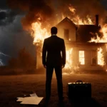 Man standing beside a burning house at night with lightning flashes and a suitcase and torn contract on the ground