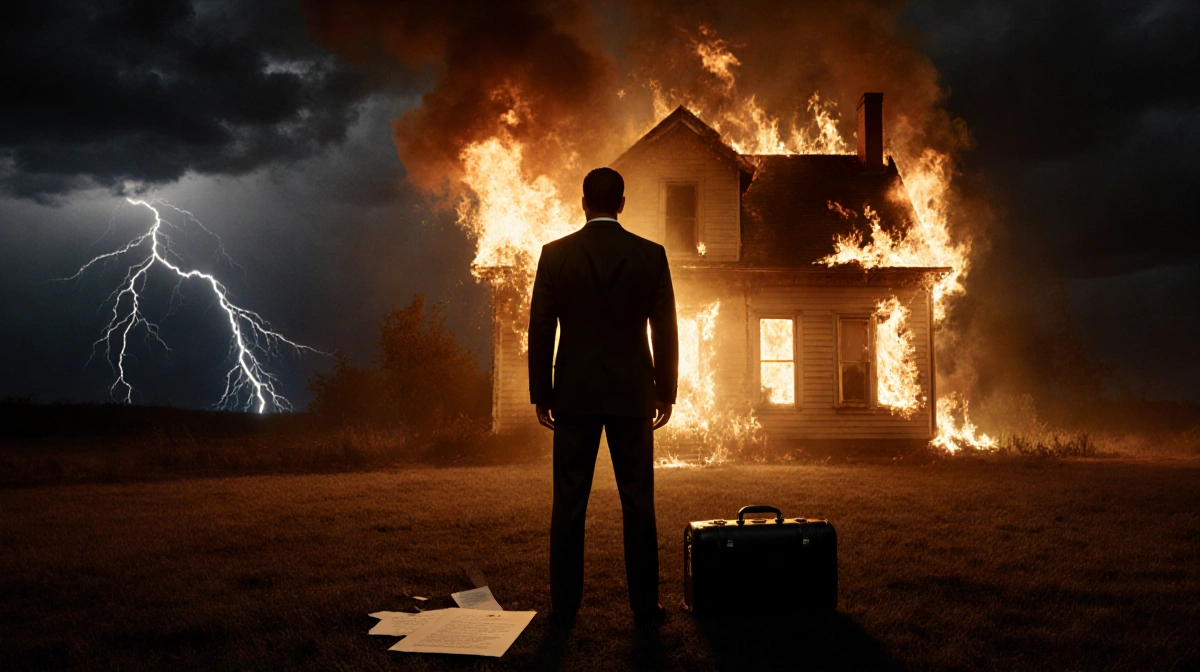 Man standing beside a burning house at night with lightning flashes and a suitcase and torn contract on the ground