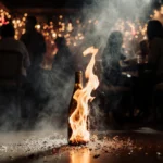 Burning wine bottle ignites with shattered glass and flames licking tables and chairs with smoke and a dim bar backdrop