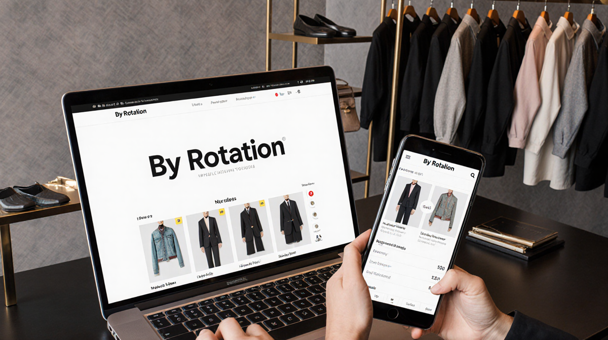 Person holding tablet with app interface and laptop open showing By Rotation logo on sleek desk with fashion rentals racks