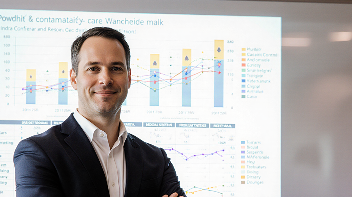 Dr. Devon Kuehn standing in front of a whiteboard with a diagram of milk contamination test results and determined